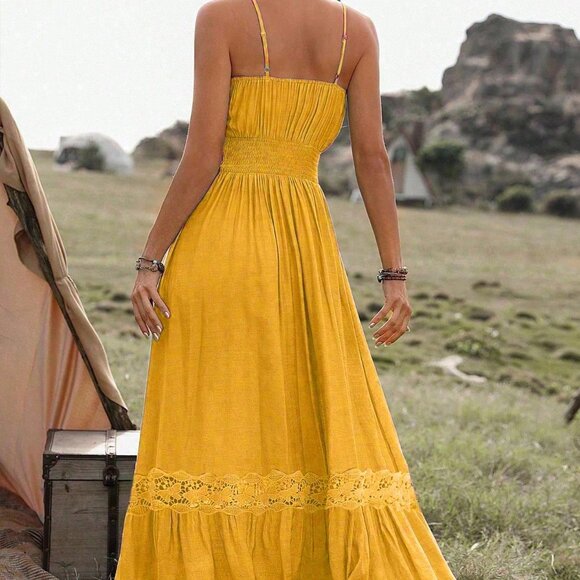 Yellow Boho Women's Lace Decorated Cami Maxi Dress - Picture 2 of 5